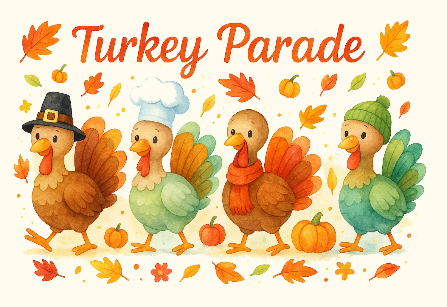 Cartoon turkeys in festive costumes with autumn leaves and pumpkins edible image cake topper