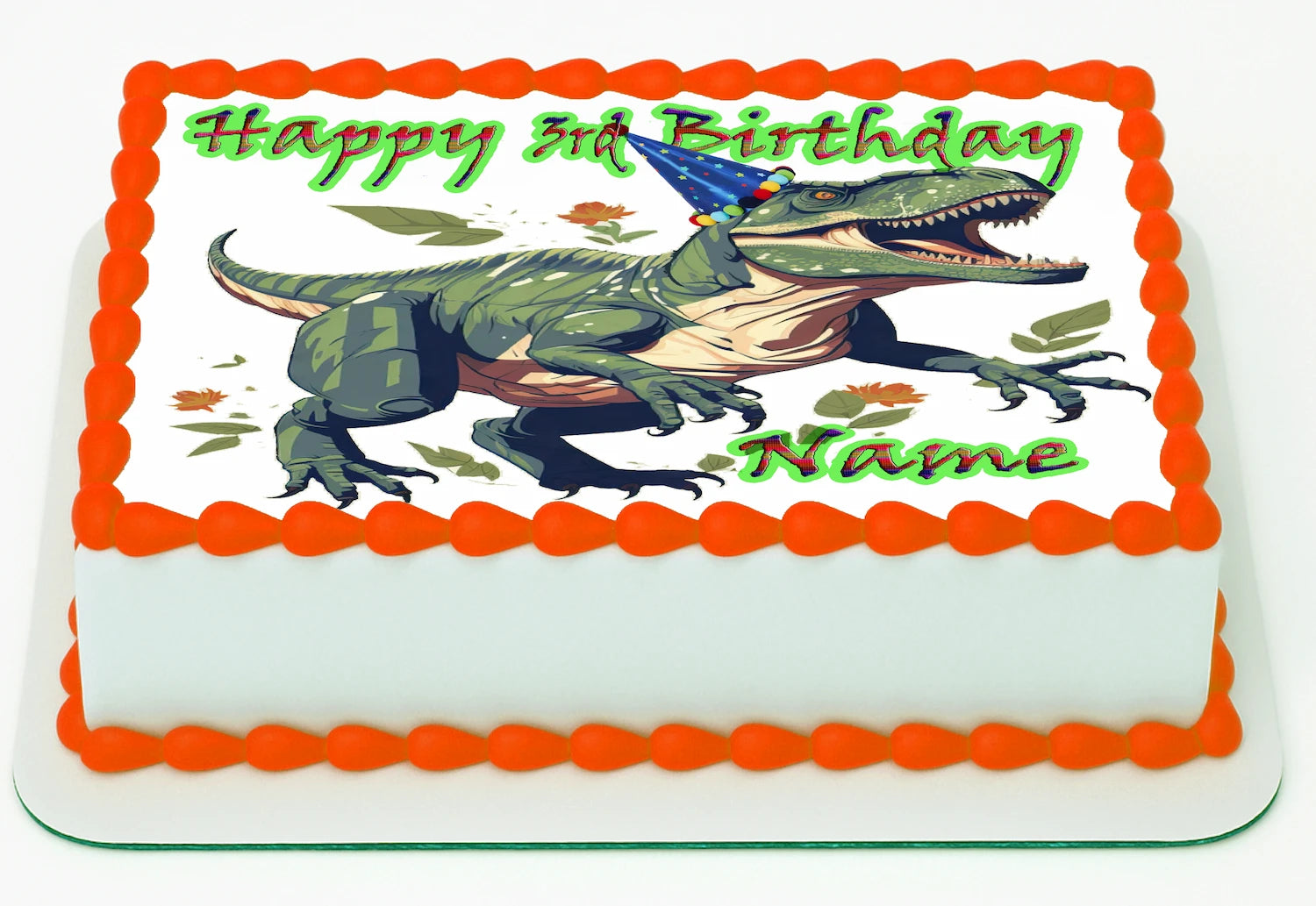 Tyrannosaurus T-Rex Dinosaur Edible Image Sheet Cake Topper persoalized with happy birthday text and name