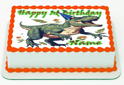 Tyrannosaurus T-Rex Dinosaur Edible Image Sheet Cake Topper persoalized with happy birthday text and name