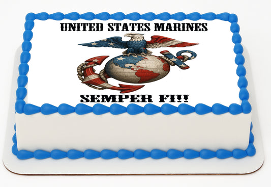 Custom Edible Cake Topper – USMC Marine Corps Semper Fi Design – 1/4 Sheet Cake (9x13) – Precut Frosting Sheet – RA Pape