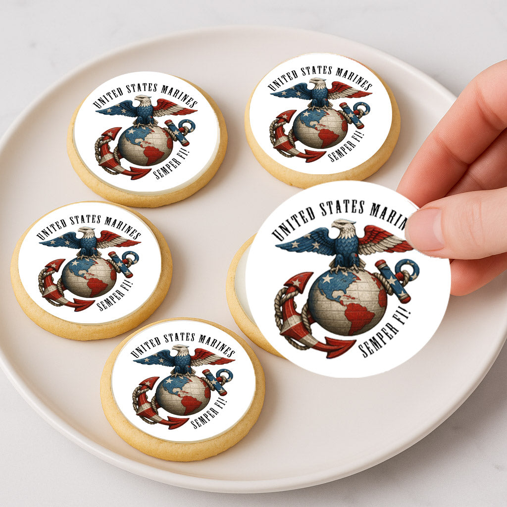 Custom Edible Cake Topper – USMC Marine Semper Fi Design – Icing Sheet Cookie & Cupcake Images –20 Pre-cut 2” Round– RA Pape