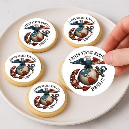 Custom Edible Cake Topper – USMC Marine Semper Fi Design – Icing Sheet Cookie & Cupcake Images –20 Pre-cut 2” Round– RA Pape
