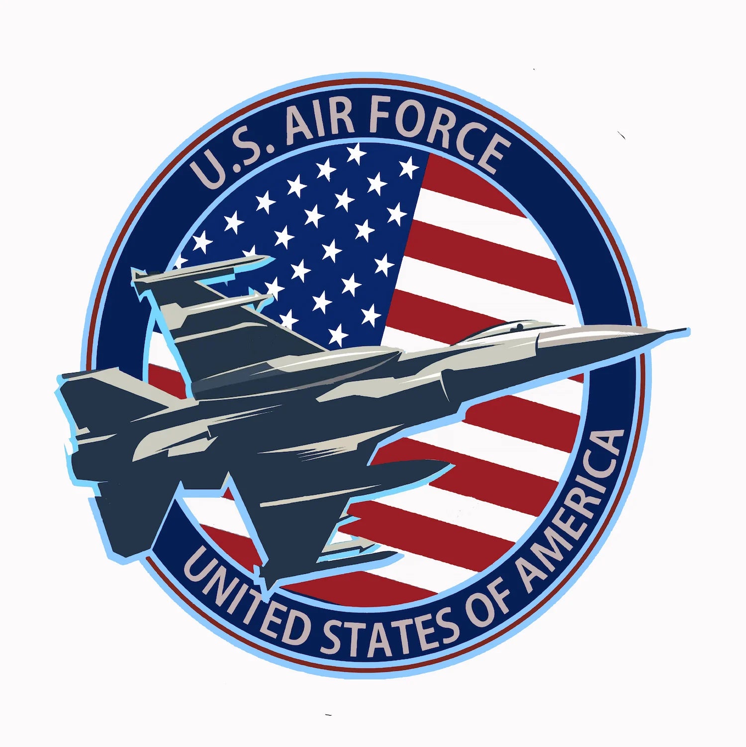 Military themed edible cake topper featuring Air Force fighter jet with patriotic American flag backdrop