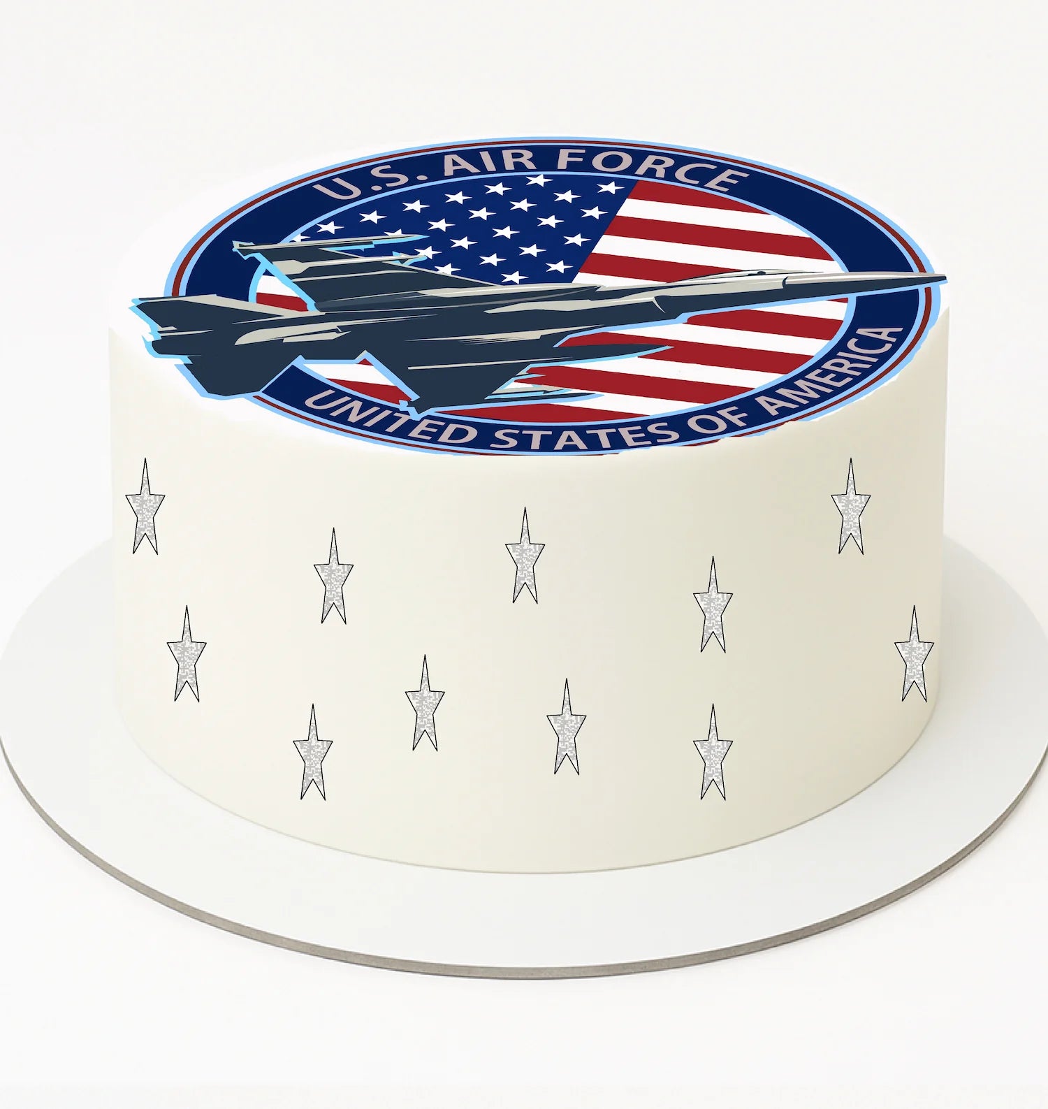 Air Force jet edible topper displaying patriotic flag design and military aircraft