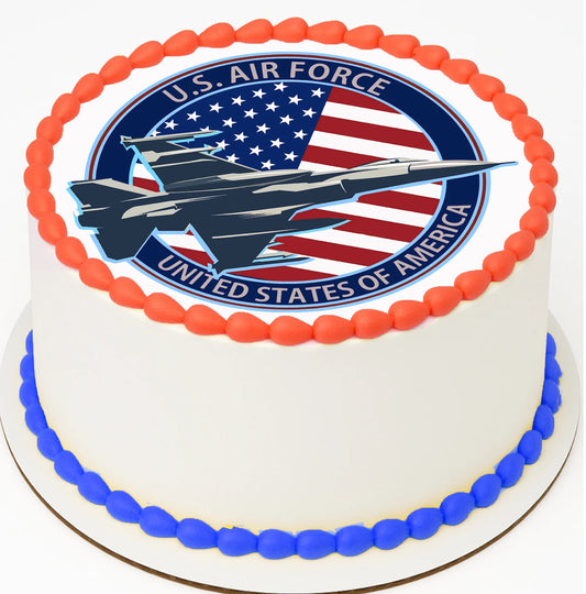 Air Force jet edible cake topper with patriotic American flag design for military celebrations