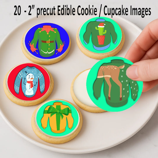Custom Edible Cake Topper – Ugly Sweaters Christmas Design – Icing Sheet Cookie & Cupcake Images –20 Pre-cut 2” Round– RA Pape