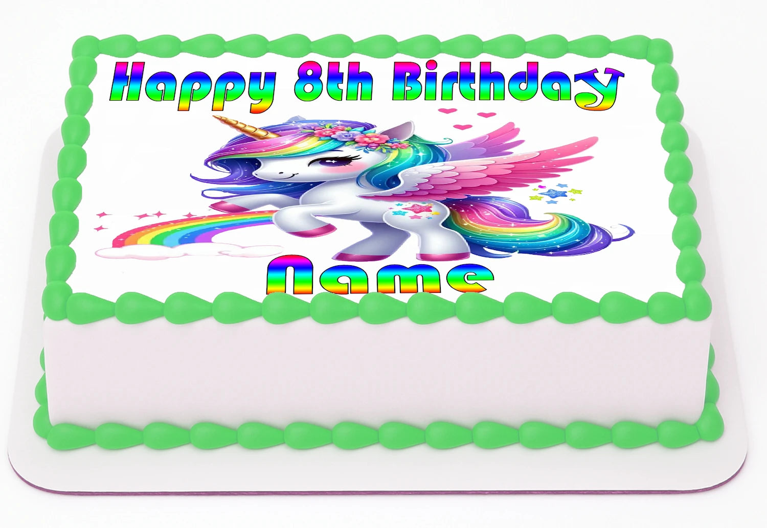 Edible Icing Images Sheet Cake Topper with Unicorn-themed decoration featuring text personalized with name and age