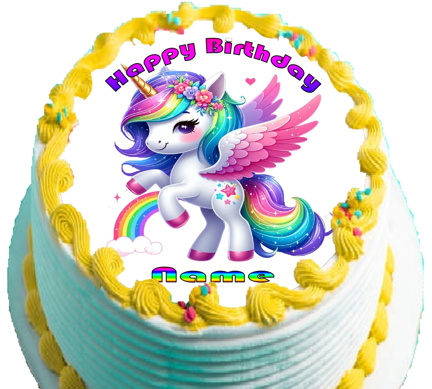 Birthday cake with a unicorn topper and 'Happy Birthday' text