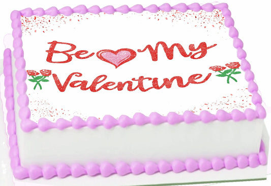 Valentine's Day cake topper with 'Be my Valentine' text and pink heart edible image