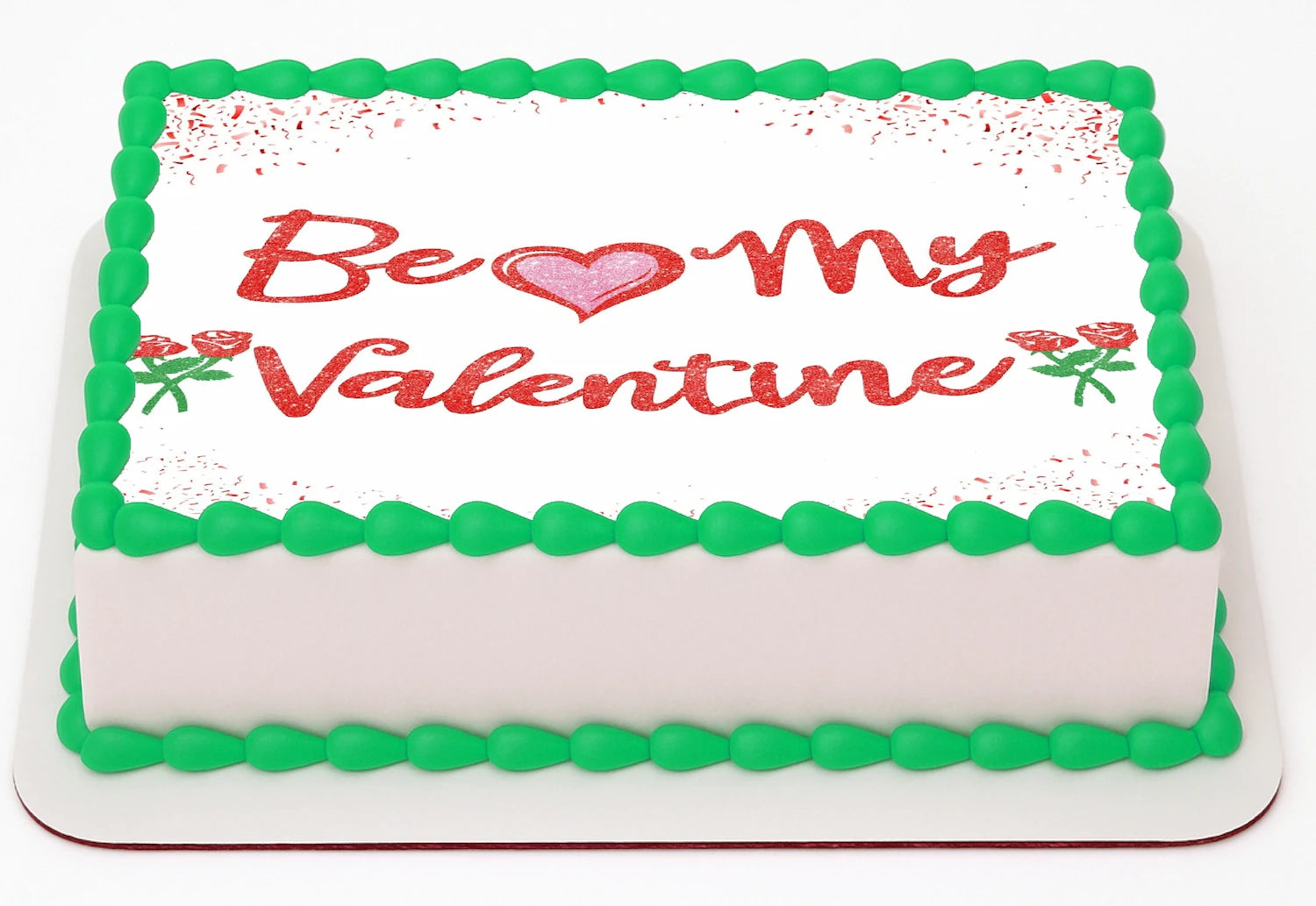 Valentine's Day cake topper with 'Be my Valentine' text and heart and red roses on a edible image