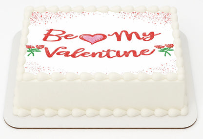 Valentine's Day edible image cake topper with 'Be my Valentine' text and heart design