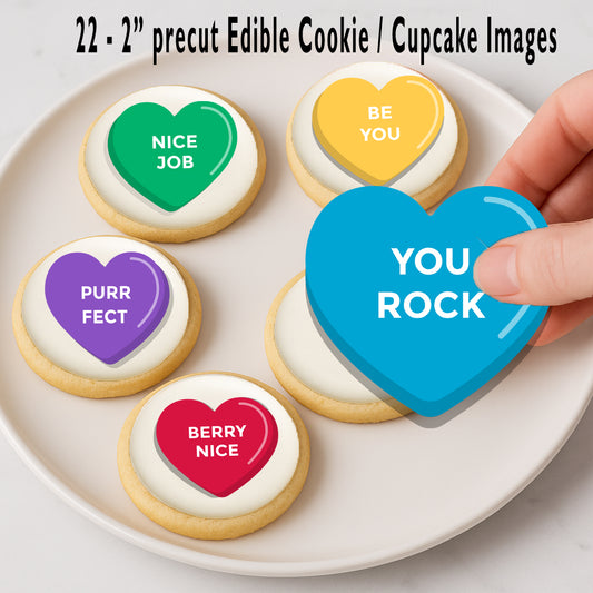 Custom Edible Cake Topper – Valentine Sweet Talk Candy Hearts  Design – Icing Sheet Cookie & Cupcake Images –20 Pre-cut 2” Round– RA Pape