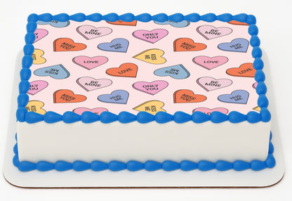 Custom Edible Cake Topper – Valentine Sweet Talk Candy Hearts Design – 1/4 Sheet Cake (9x13) – Precut Icing Sheet – RA Pape