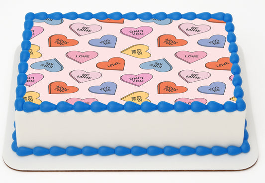 Custom Edible Cake Topper – Valentine Sweet Talk Candy Hearts Design – 1/4 Sheet Cake (9x13) – Precut Icing Sheet – RA Pape