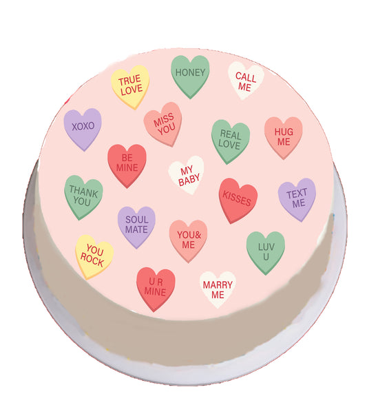 Custom Edible Cake Topper – Valentine Sweet Talk Candy Hearts Design – Pre-cut 8" Round Icing Sheet – RA Pape
