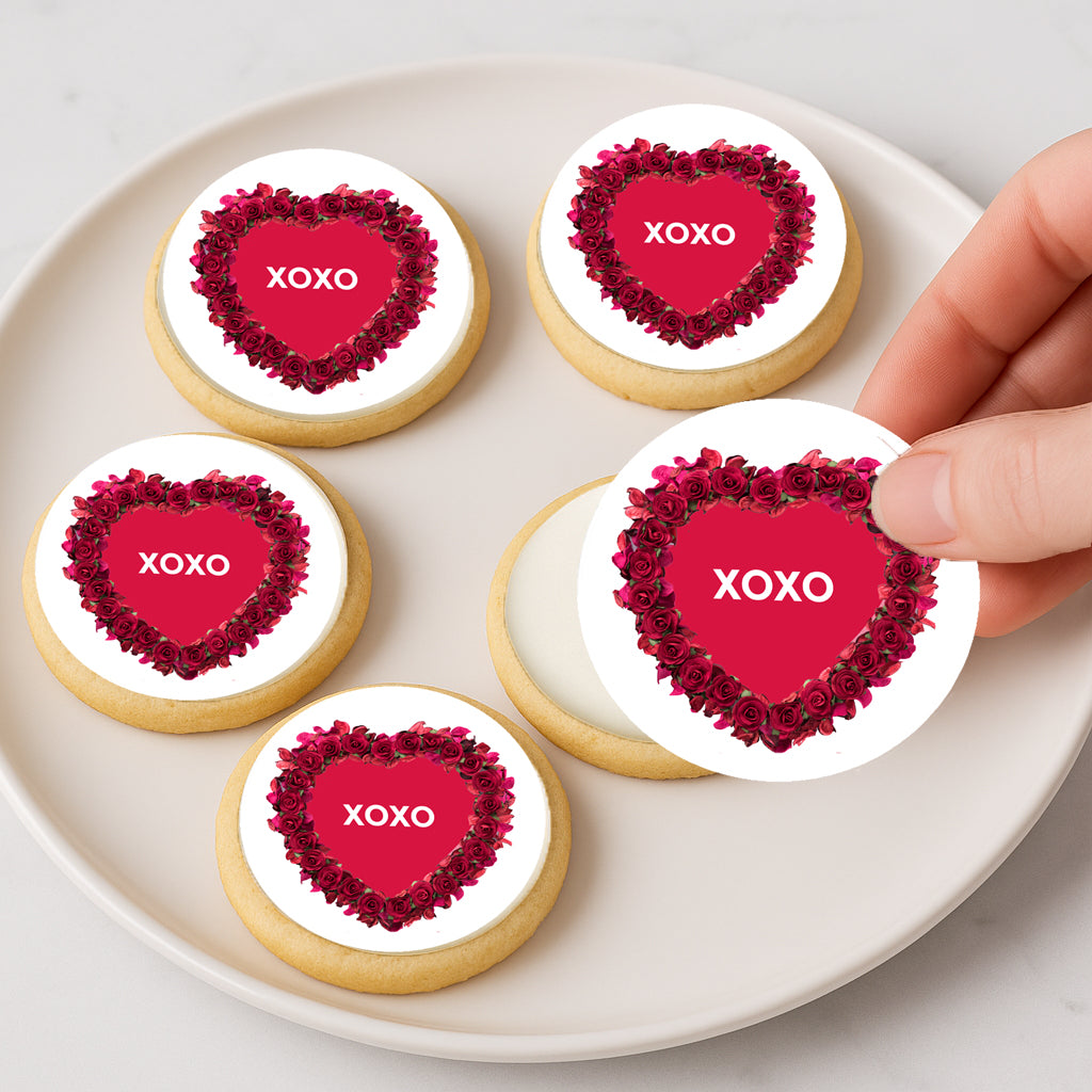 Custom Edible Cake Topper – Valentine Timeless Rose Hearts  Design – Icing Sheet Cookie & Cupcake Images –20 Pre-cut 2” Round– RA Pape
