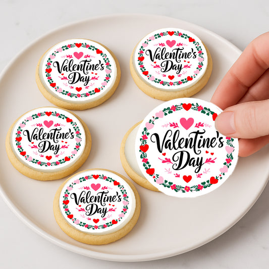 Custom Edible Cake Topper – Valentine Wreath  Design – Icing Sheet Cookie & Cupcake Images –20 Pre-cut 2” Round– RA Pape