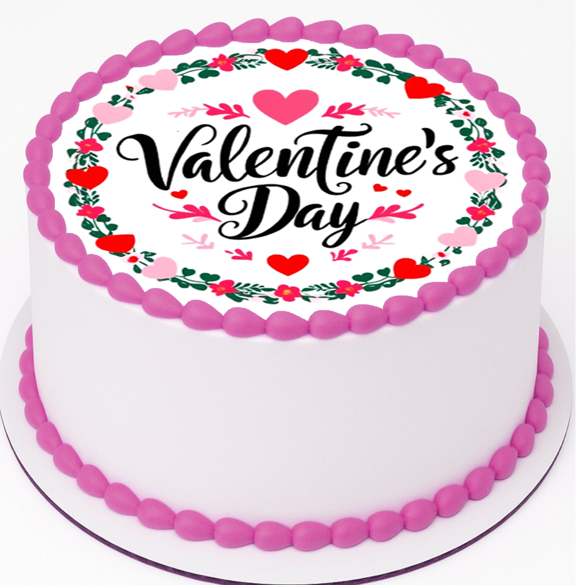 Valentine Wreath Edible Image Cake Topper – Precut 8" Round Valentine's Day cake with pink and red decorations 