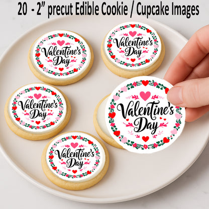 Edible Valentine's Day cookies on a plate with a hand applyng an edible image cookie topper.