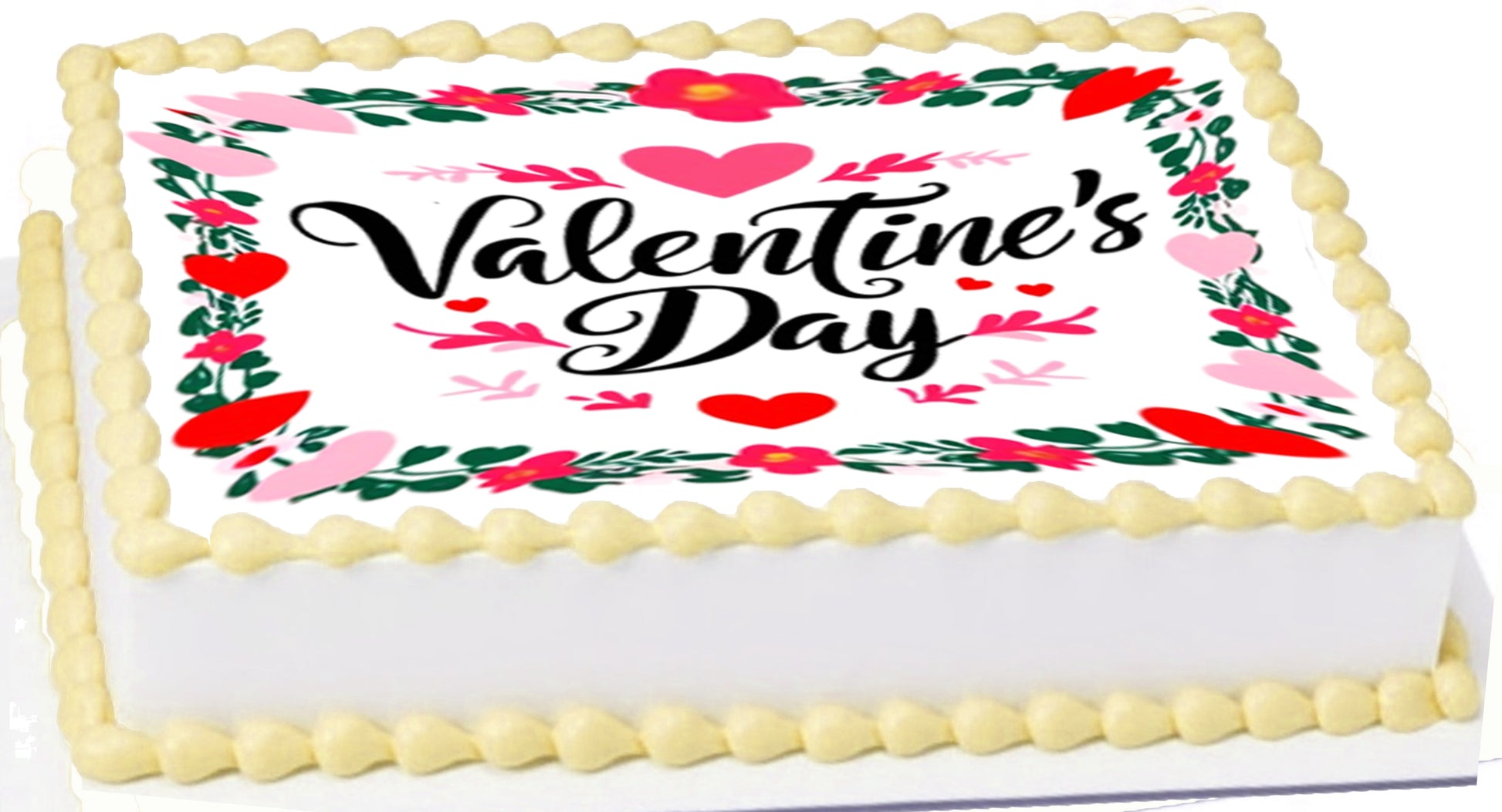Valentine's Day cake with floral decorations and 'Valentine's Day' text.