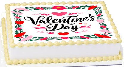 Valentine's Day cake with floral decorations and 'Valentine's Day' text.