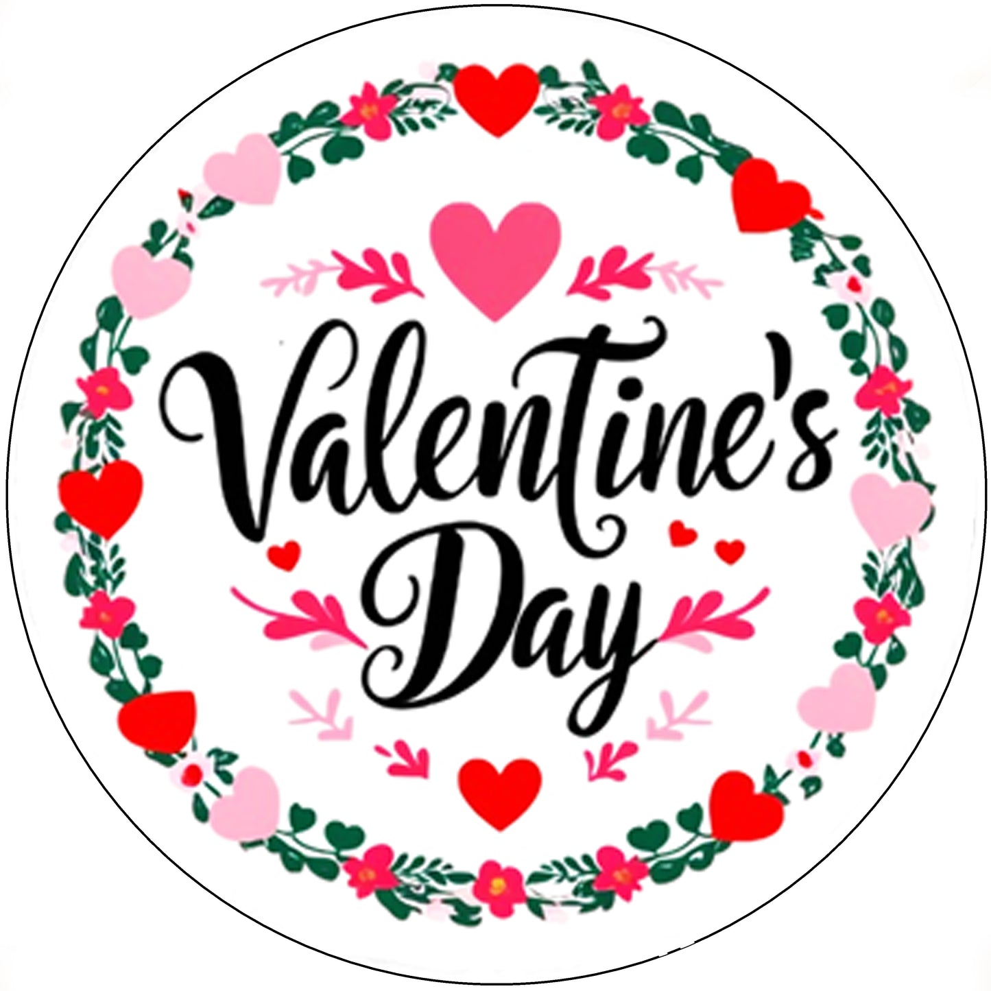 Valentine Wreath Edible Image Cake Topper – Precut 8" Round with 'Valentine's Day' text surrounded by hearts and flowers on a white background