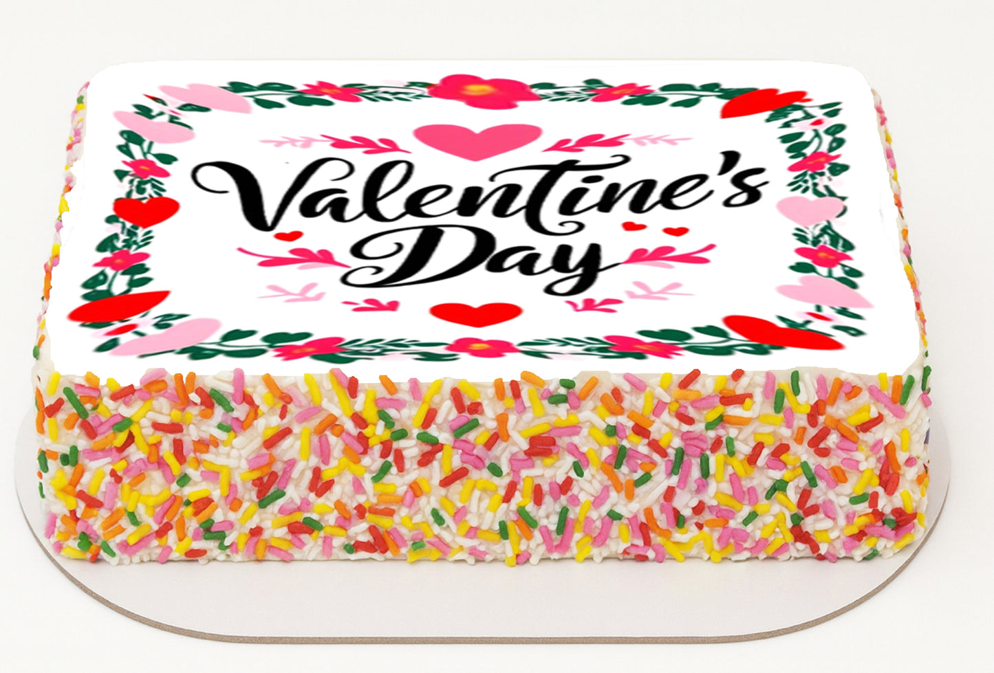 Valentine Wreath Edible Image Sheet Cake Topper. Valentine's Day cake with colorful sprinkles 
