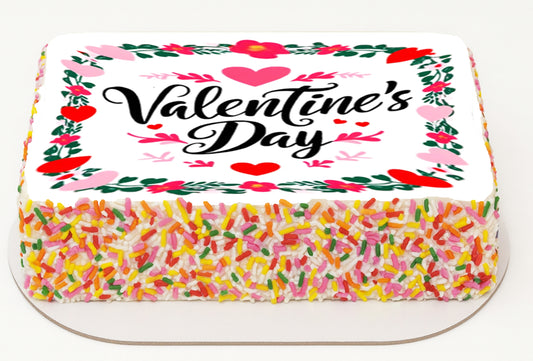 Valentine Wreath Edible Image Sheet Cake Topper. Valentine's Day cake with colorful sprinkles 