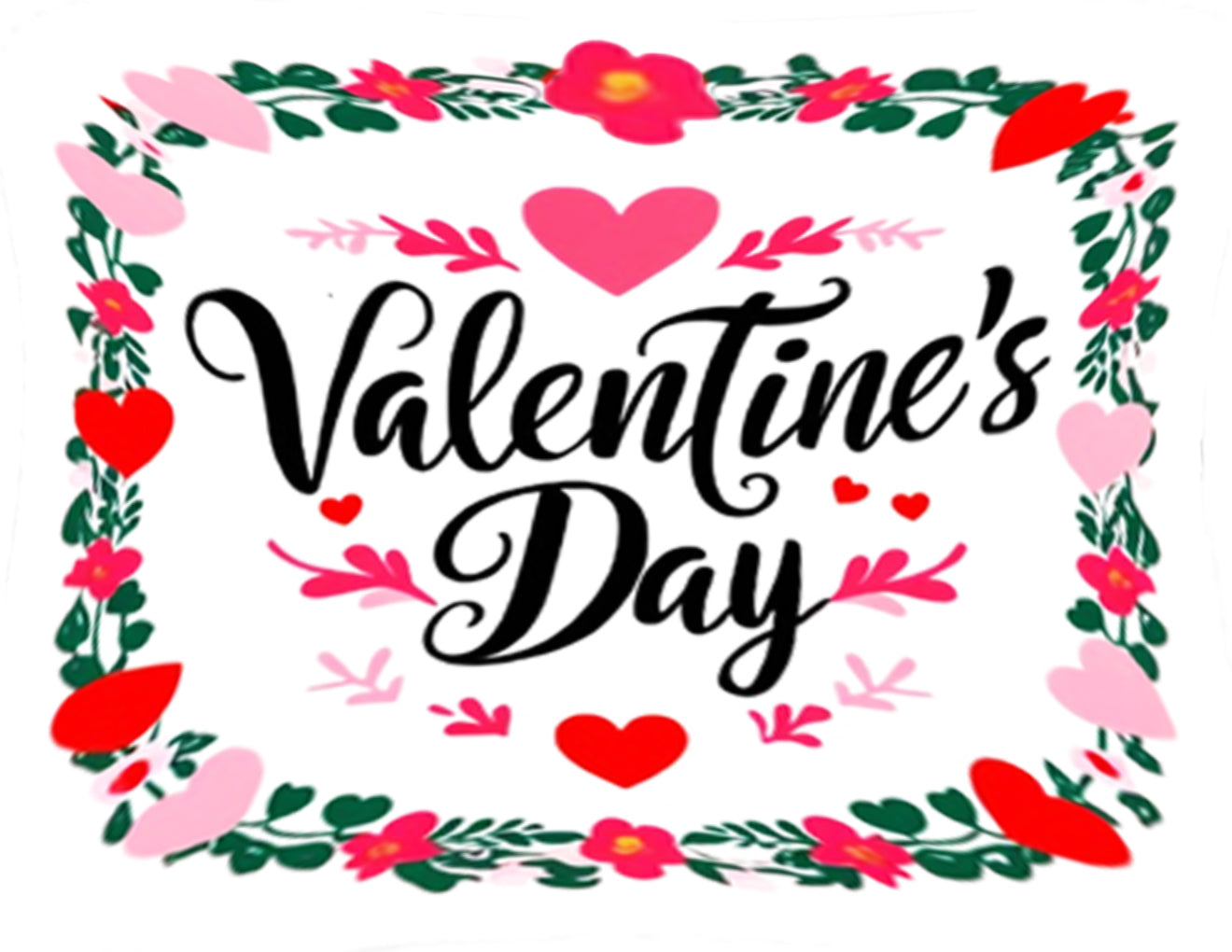 Valentine's Day text with floral and heart decorations on a white background