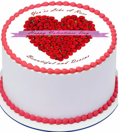 Decorative  edible image cake topper with roses in heart-shaped design and   'You're like a Rose - Beautiful and Divine' text
