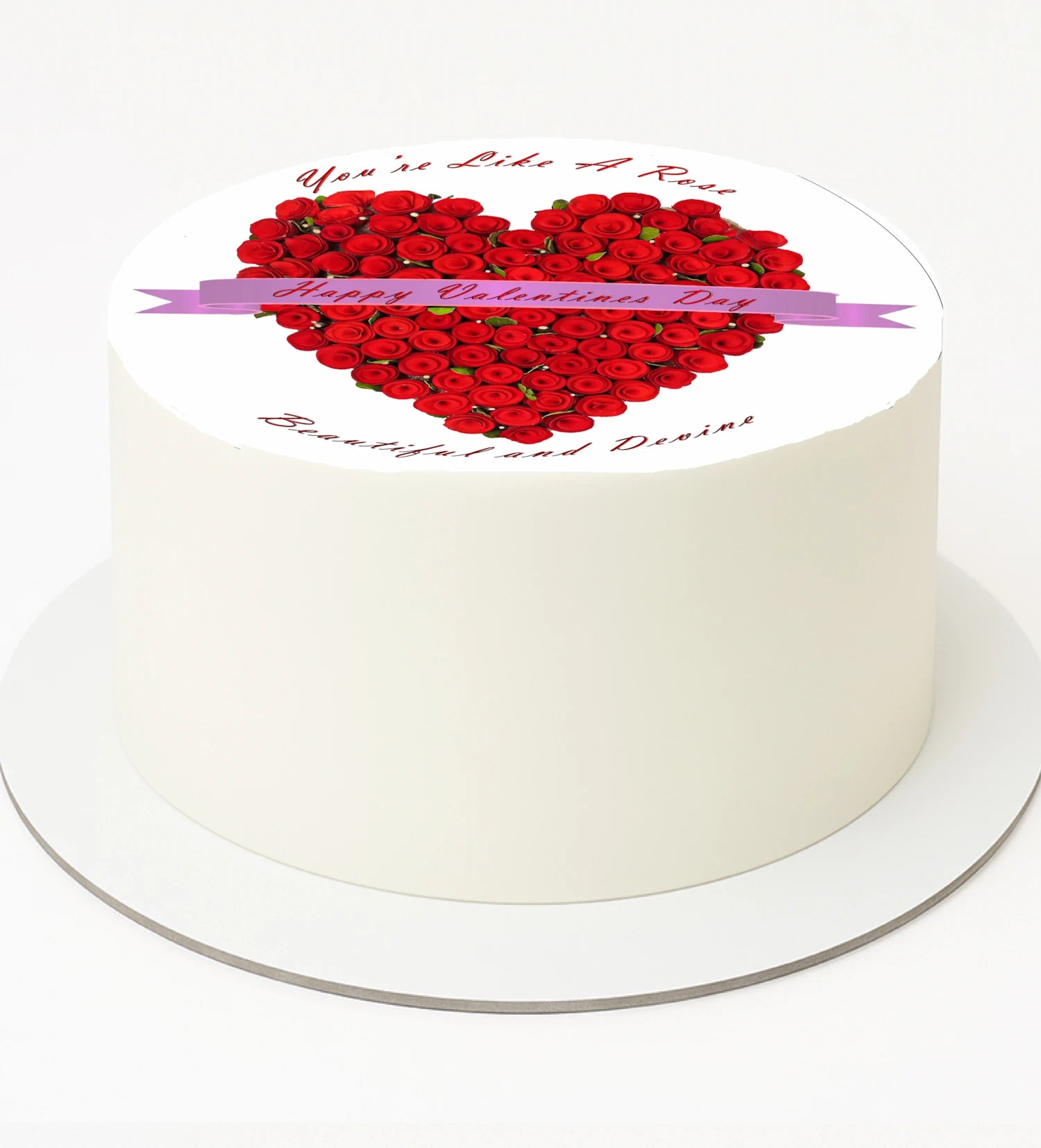 Valentine's Day cake topper with red rose heart design and  'You're like a Rose - Beautiful and Divine' text on edible icing image
