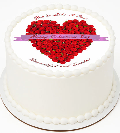 Valentine's Day cake topper  with heart-shaped arrangement of red roses on edible image