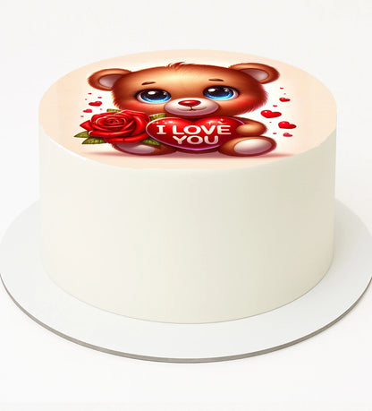 Cake Topper with a teddy bear and 'I Love You' text design on edible icing topper