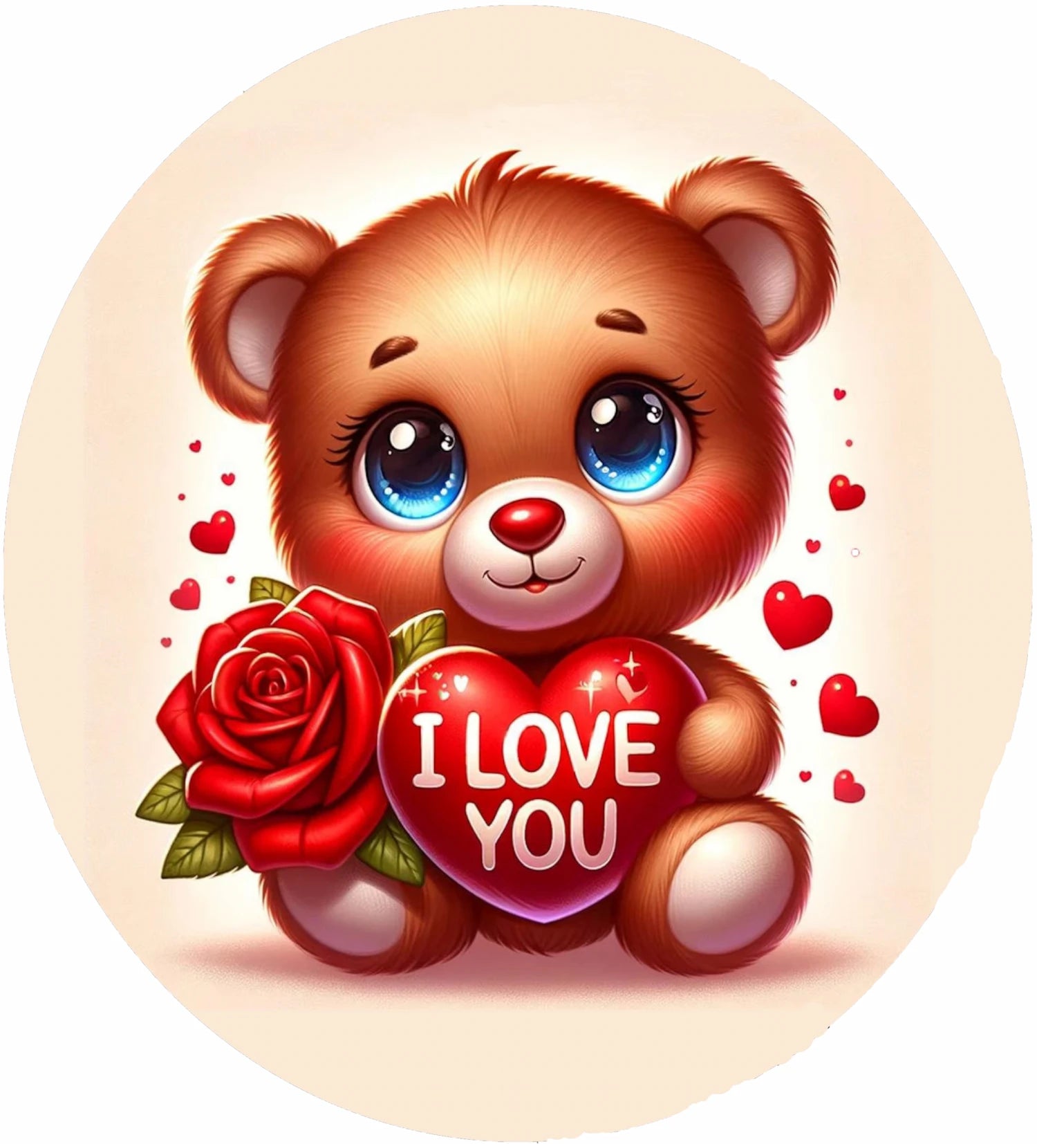 Cartoon bear holding a heart with 'I LOVE YOU' text and a rose, surrounded by hearts on a edible image cake topper