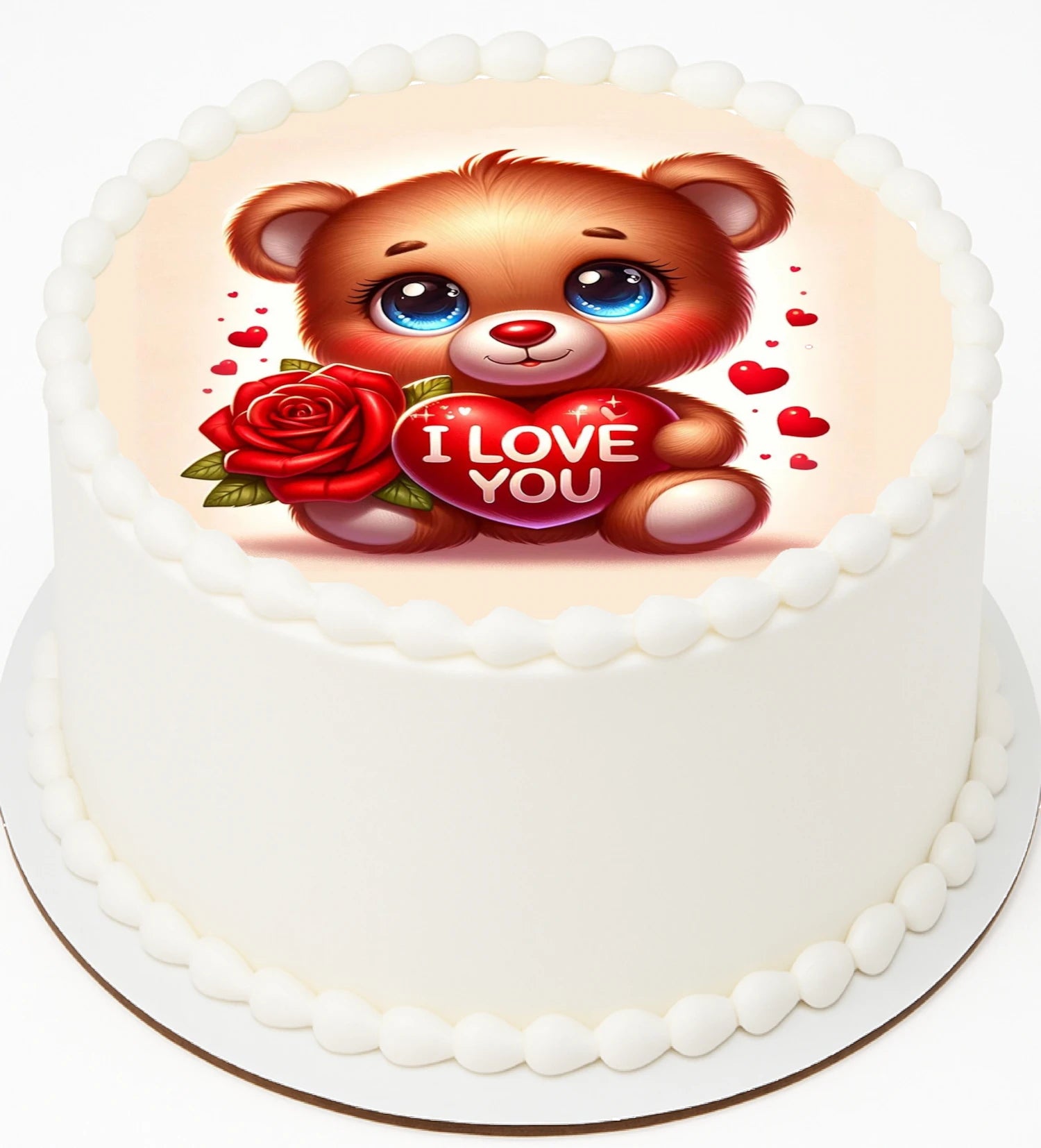 Cake topper with a teddy bear holding an 'I Love You' heart and a rose on top of edible icing image