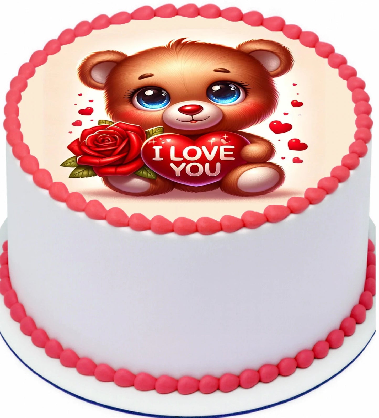 Valentine's Day cake image with red heart and text on a edible icing cake topper
