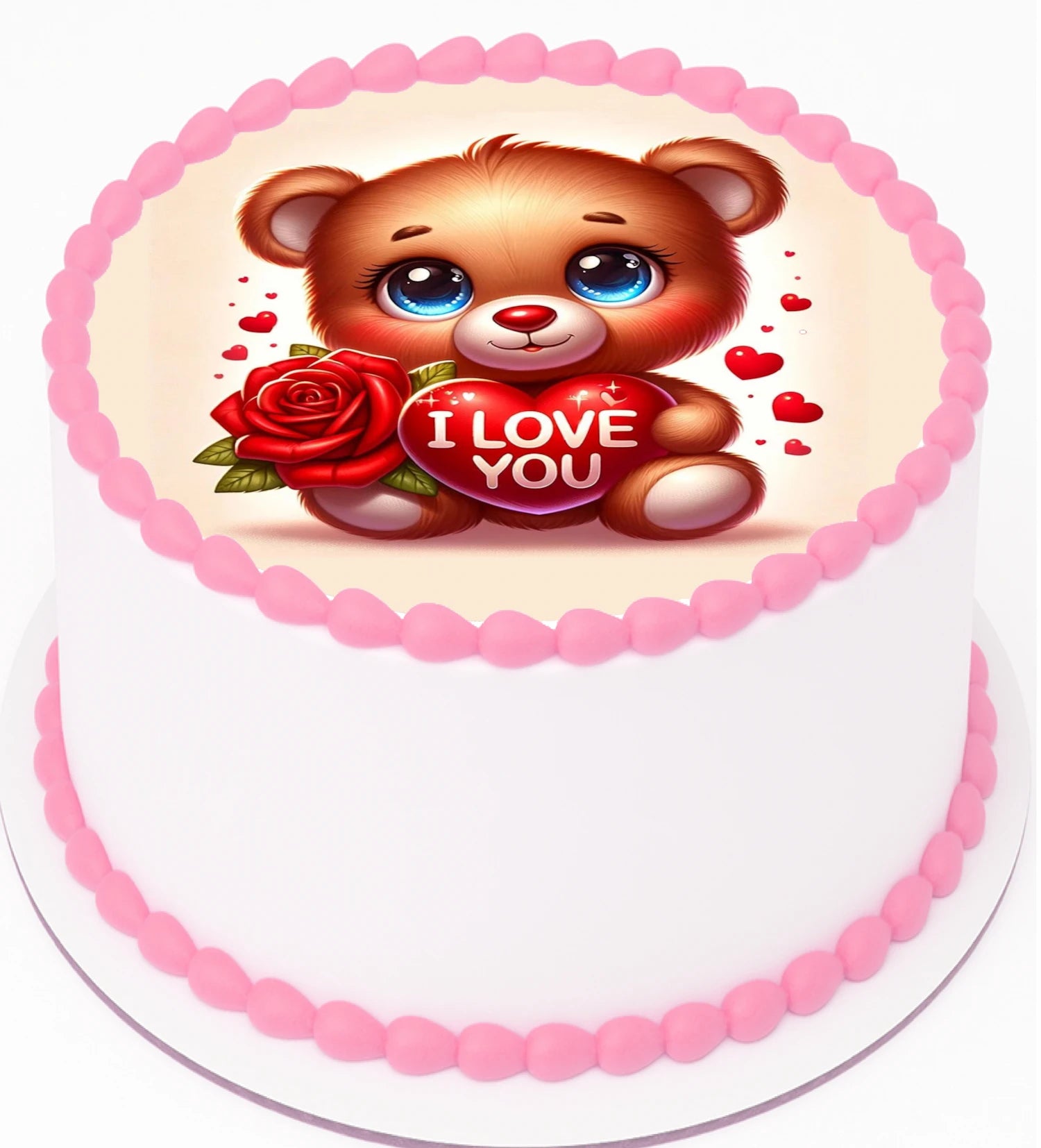 Edible image cake topper with a teddy bear holding a 'I Love You' heart and a rose on top.