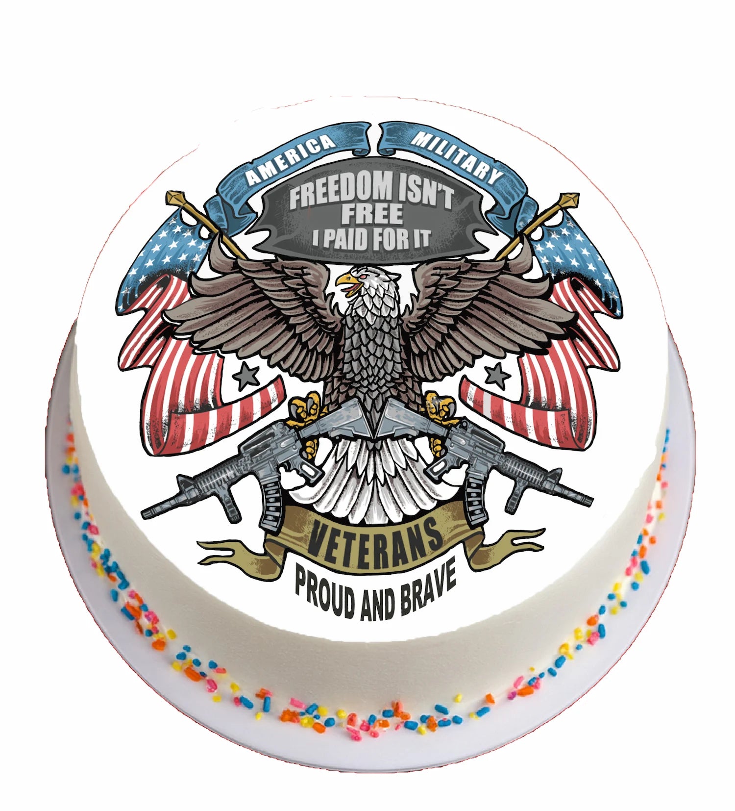 Round cake with eagle, American flags, and text about veterans on a white background