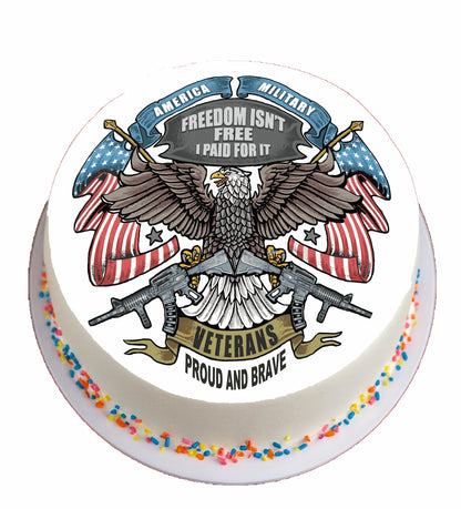 Round cake with eagle, American flags, and text about veterans on a white background