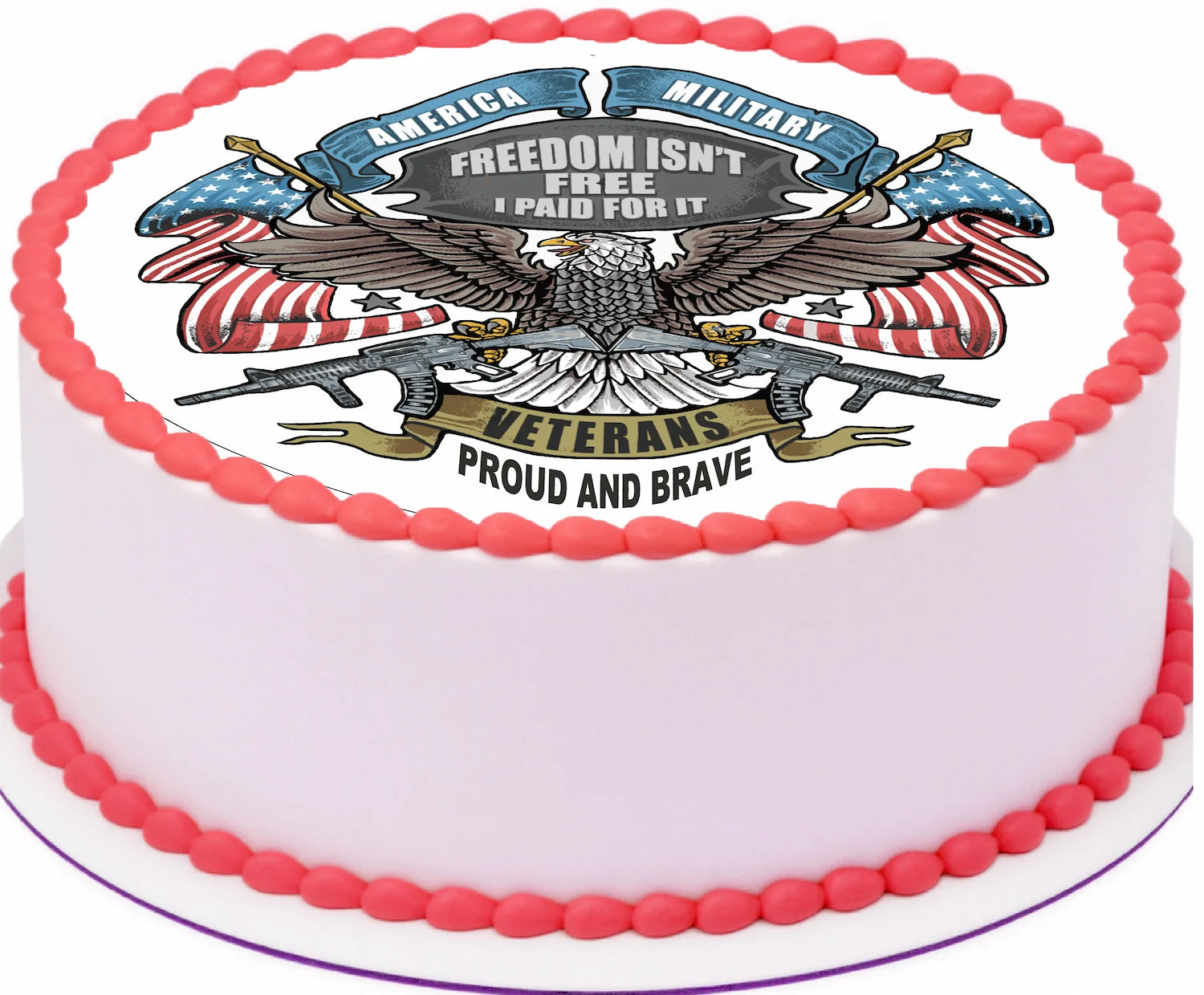White cake with red, blue, and white firework design on a white background