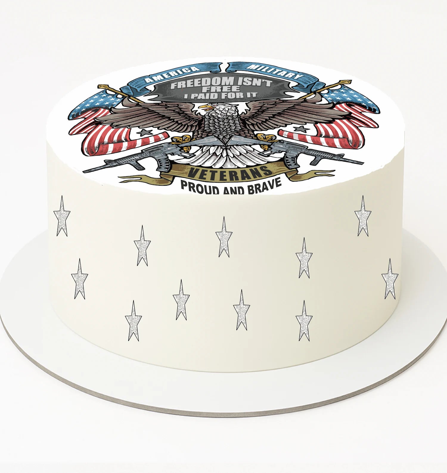 Cake with eagle and American flag design, featuring text about veterans on a white background.