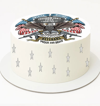Cake with eagle and American flag design, featuring text about veterans on a white background.