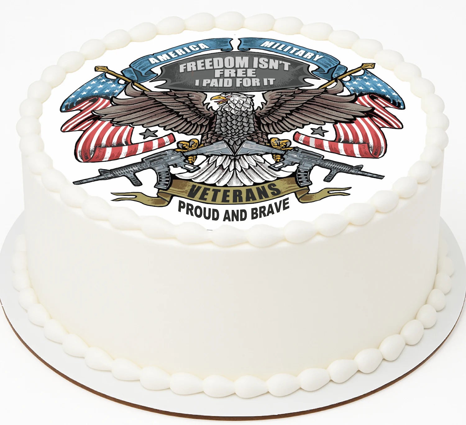 White cake with a military-themed decoration featuring an eagle, flags, and text.
