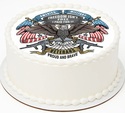 White cake with a military-themed decoration featuring an eagle, flags, and text.