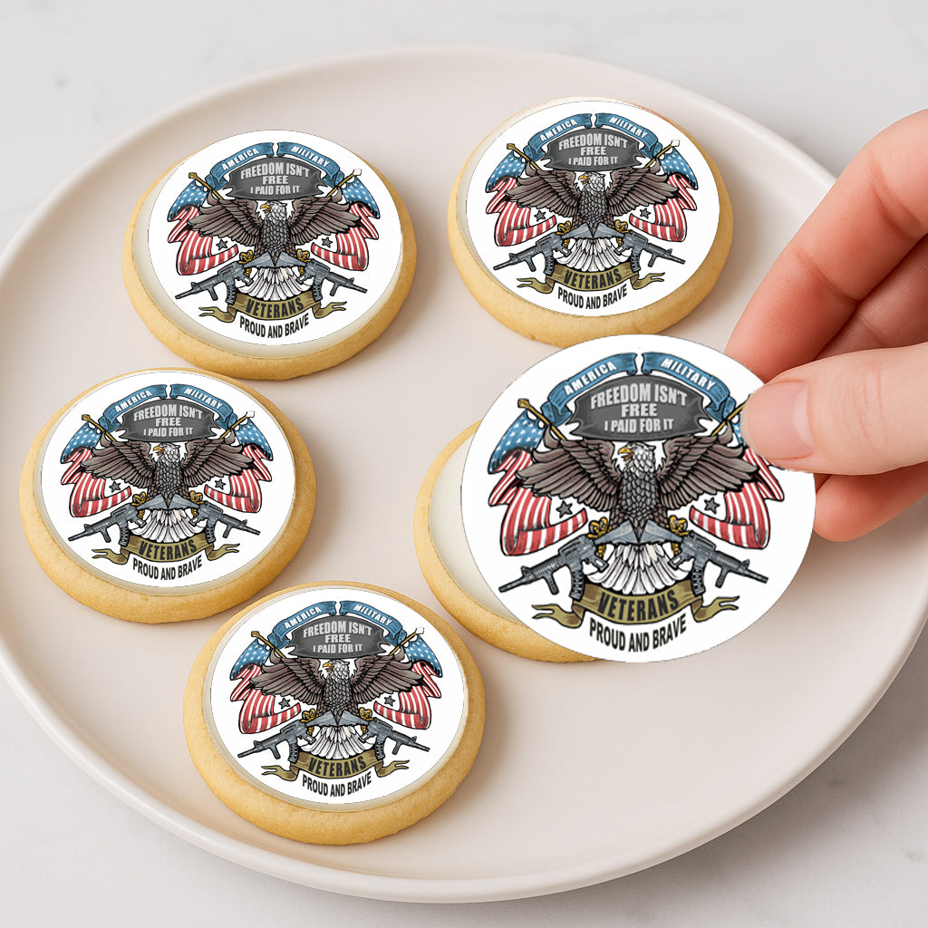 Custom Edible Cake Topper – Veterans Proud and Brave Eagle Flag Design – Icing Sheet Cookie & Cupcake Images –20 Pre-cut 2” Round– RA Pape