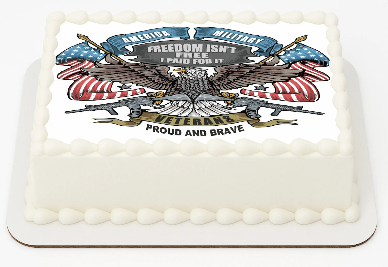 White cake with a military-themed design featuring an eagle, American flags, and text.