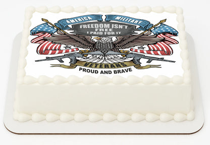 White cake with a military-themed design featuring an eagle, American flags, and text.