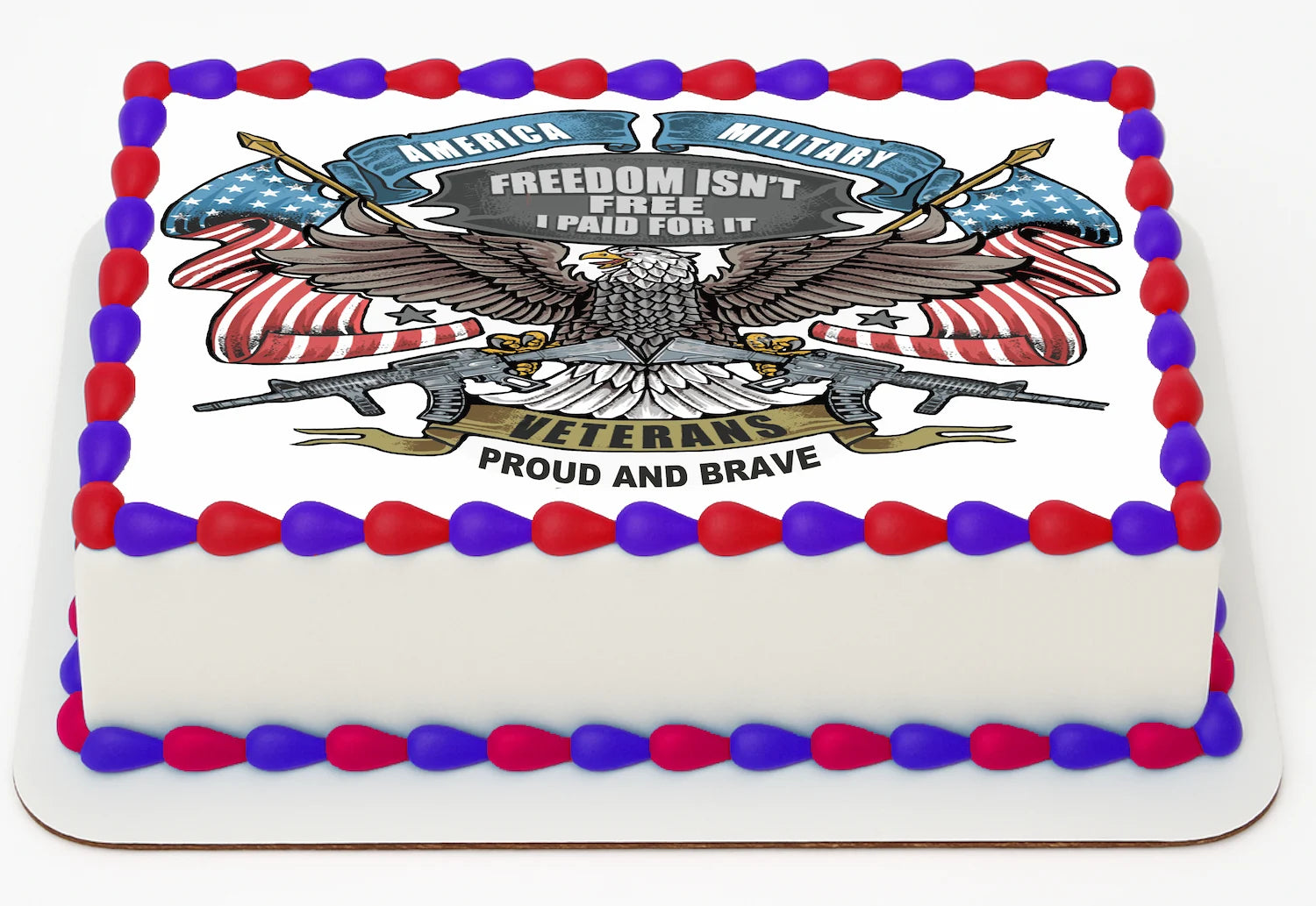 Custom Edible Cake Topper –  Veterans Proud and Brave Eagle Flag Design – 1/4 Sheet Cake (9x13) – Precut Icing Sheet – RA Pape