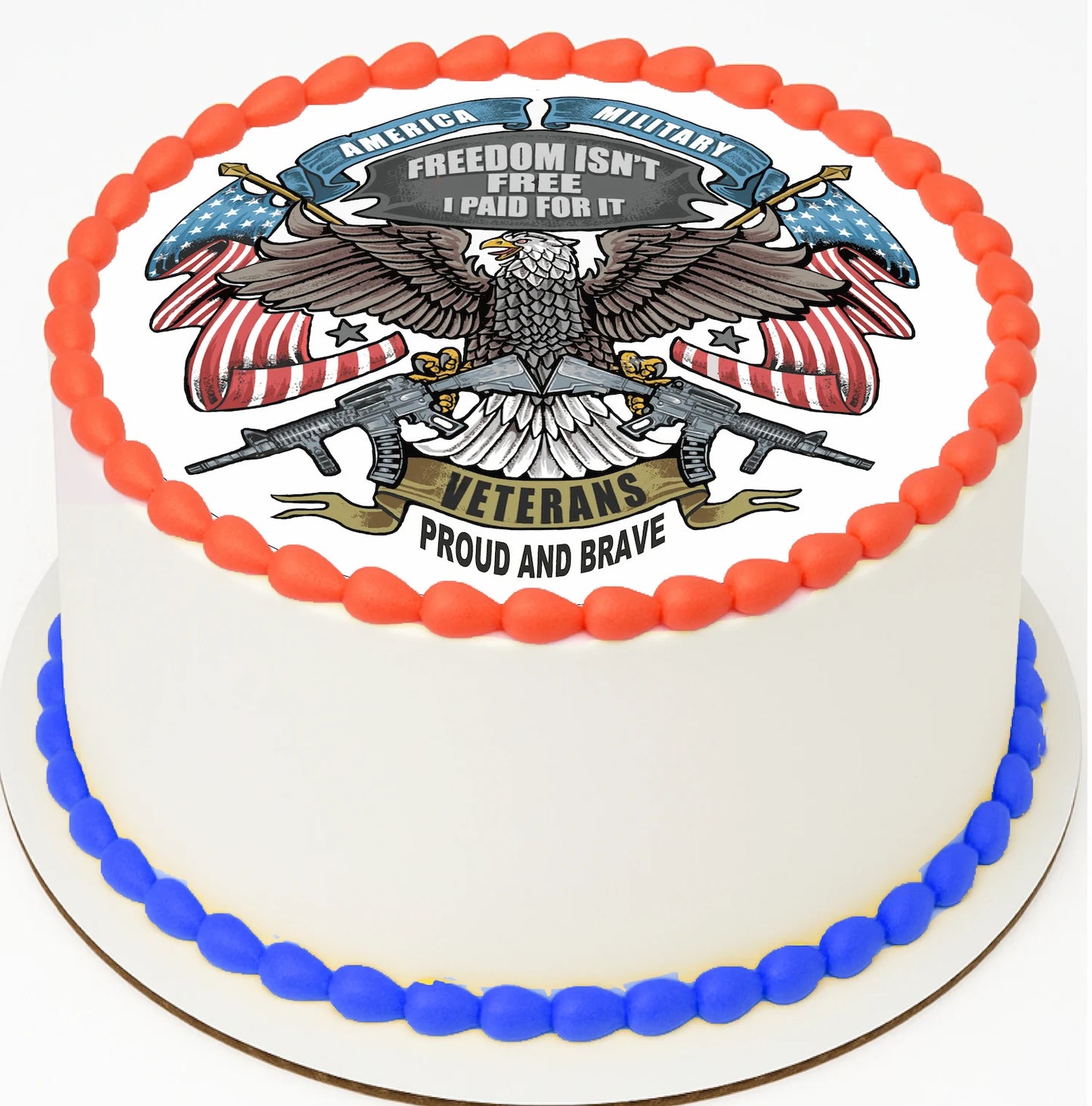 Custom Edible Cake Topper Veterans Proud and Brave Eagle Flag Design – Pre-cut 8" Round Icing Sheet – RA Pape
