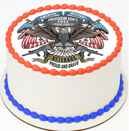 Custom Edible Cake Topper Veterans Proud and Brave Eagle Flag Design – Pre-cut 8" Round Icing Sheet – RA Pape